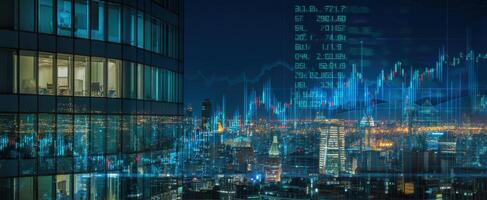 The modern city skyline illuminated with financial data and analytics. photo