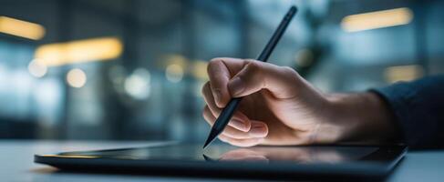 The Hand Holding a Stylus on a Digital Tablet in a Modern Workspace photo