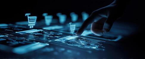 The futuristic touch interaction with digital shopping interface displayed on screen. photo