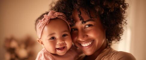 The joyful bond between a mother and her smiling baby in a serene setting. photo