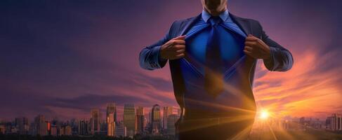 The Businessman Unleashing His Power Against a Stunning City Sunset photo
