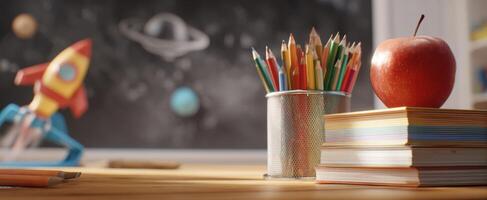 The classroom setting featuring colorful pencils, an apple, and a rocket model. photo