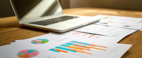 The laptop and documents showcasing analytical data and charts on a wooden table. photo