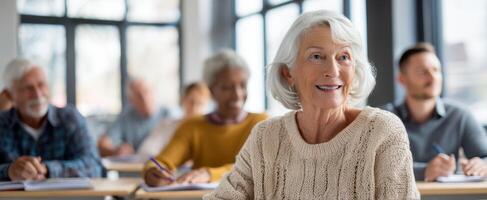 The cheerful elderly woman enjoying a learning experience in a vibrant classroom setting. photo