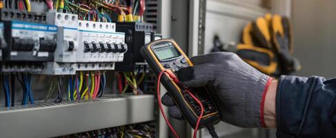 The electrician using a multimeter to test wiring in an electrical panel. photo