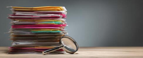 The magnifying glass resting beside a colorful stack of documents. photo