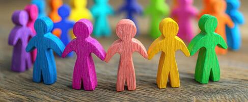 The colorful wooden figures symbolize unity and collaboration in a diverse community. photo