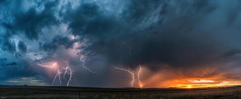 The Dramatic Display of Lightning Against a Colorful Sunset. photo