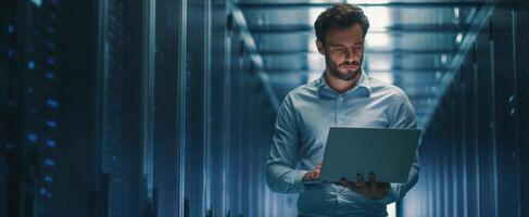 The man using a laptop in a high-tech data center environment. photo