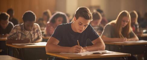 The focused student taking an exam in a busy classroom during a test session. photo