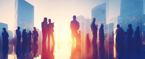 The silhouettes of professionals in a vibrant cityscape during sunset. photo