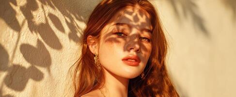 The woman illuminated by golden sunlight casting intricate shadows on her face. photo
