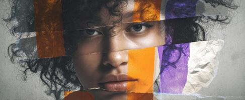 The striking portrait of a woman in a colorful abstract collage photo