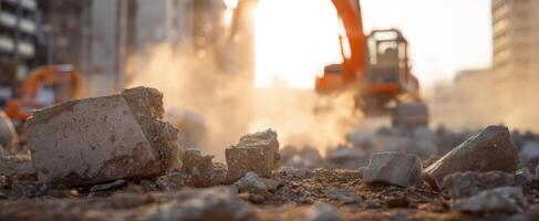 The excavator working on a construction site amidst dust and debris. photo