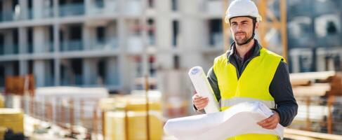 The construction worker reviewing blueprints on a job site. photo