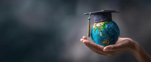 The globe wearing a graduation cap held by a hand symbolizing educational achievement. photo