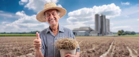 The dedicated farmer holding straw with a thumbs-up in a sunny field. photo