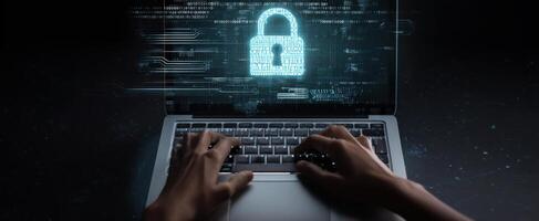 The laptop displaying a digital lock symbolizing online security and privacy. photo
