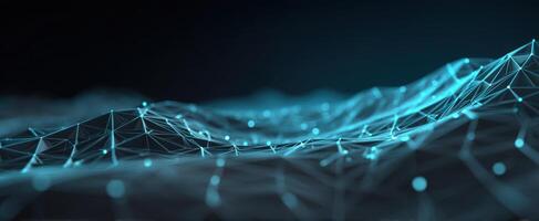 The abstract representation of a digital mesh landscape with glowing connectivity. photo