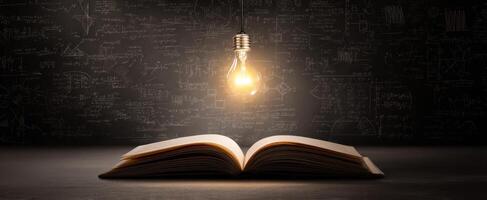 The open book illuminated by a glowing lightbulb against a chalkboard background. photo