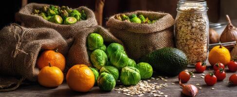 The colorful arrangement of fresh vegetables and fruits in a rustic kitchen setting. photo