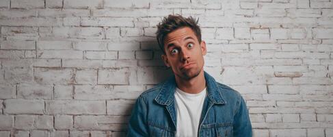 The young man in casual denim outfit displaying a playful expression. photo