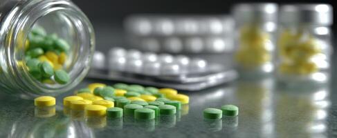The colorful pills spilling from a glass jar on a reflective surface. photo