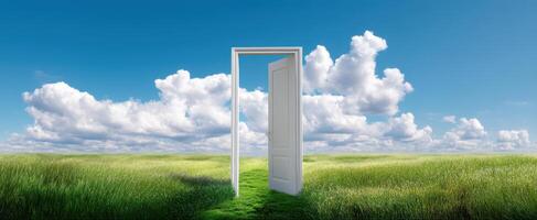 The open door leading to a vibrant grassland under a bright blue sky. photo