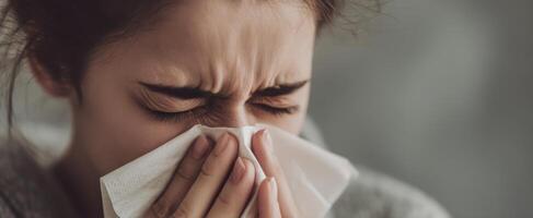 The woman expressing sadness while blowing her nose into a tissue photo