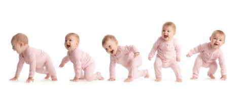 The baby in various stages of crawling and joyful expression. photo