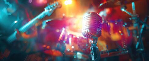 The vintage microphone surrounded by vibrant stage lights and musical instruments. photo