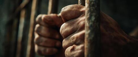 The Hands Gripping Prison Bars in a Moment of Despair and Hope. photo