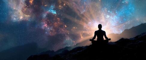 The silhouette of a meditator surrounded by a vibrant cosmic galaxy. photo