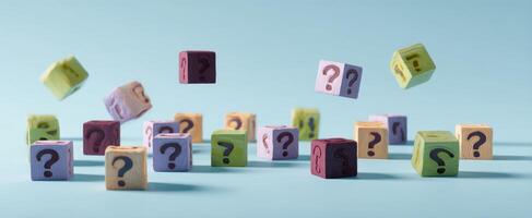 The colorful question blocks floating in a playful design environment. photo