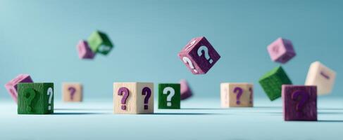 The colorful question blocks floating in playful discovery scene. photo