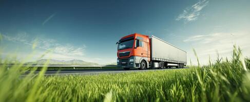 The red truck driving on a scenic highway surrounded by lush green grass. photo