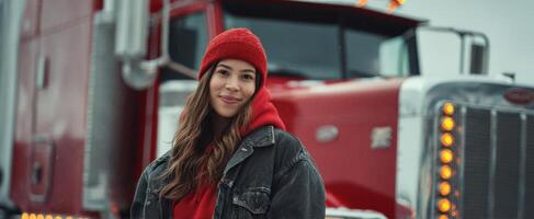 The woman standing confidently next to a vibrant red truck in an urban setting. photo