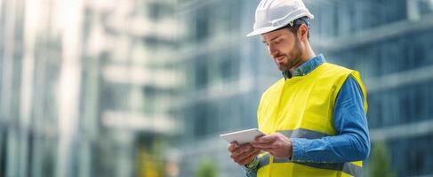 The construction worker using a tablet to monitor project progress outdoors. photo