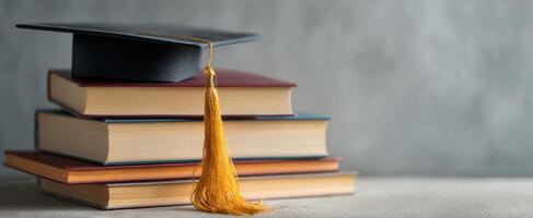 The graduation cap resting atop a stack of books symbolizing education and achievement. photo