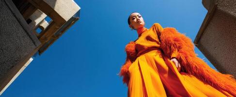 The striking model in vibrant orange attire against a clear blue sky. photo