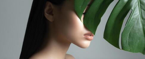 The elegant woman partially hidden behind a lush green leaf. photo