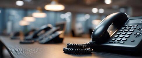 The vintage telephone on a modern office desk in a busy workspace. photo