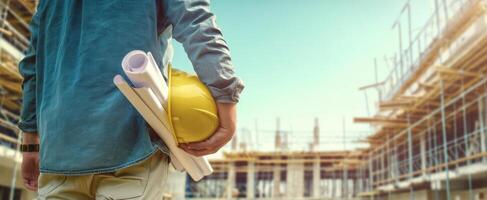 The construction worker holding blueprints and helmet on a busy building site. photo