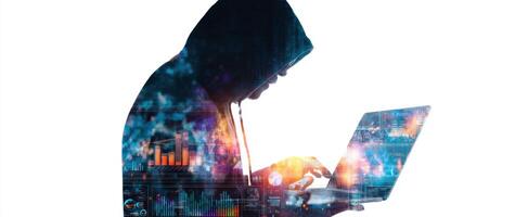 The hacker manipulating data on a glowing laptop in a cyber world. photo
