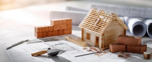 The house model surrounded by construction tools and architectural plans. photo