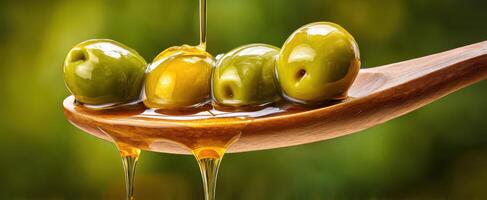 The vibrant green olives drizzled with premium olive oil on a wooden spoon photo