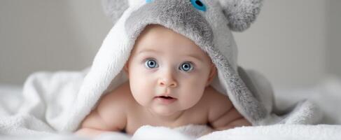 The adorable baby wrapped in a fluffy grey towel with big bright eyes. photo