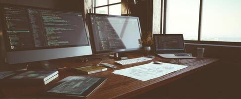 The modern workspace featuring dual monitors and a stylish wooden desk. photo