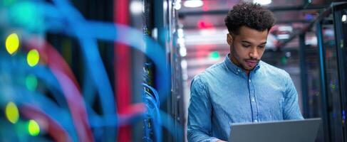 The focused professional examining data in a modern server room. photo