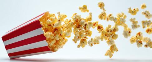 The overflowing popcorn bucket spilling onto a clean surface photo